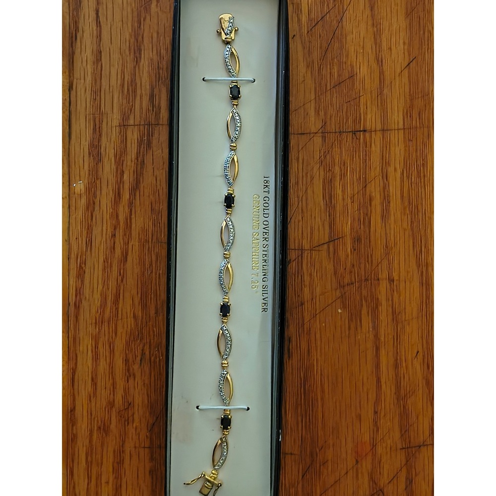 18KT Gold Over Sterling Silver Genuine Sapphire Diamond Accent Bracelet 7.25"